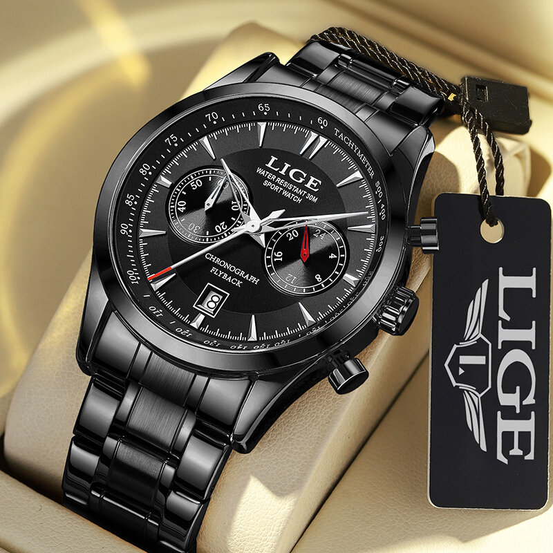 LIGE nowe modne zegarki z luksusową zegarek chronograf kwarcowy sportową ze stali nierdzewnej dla mężczyzn