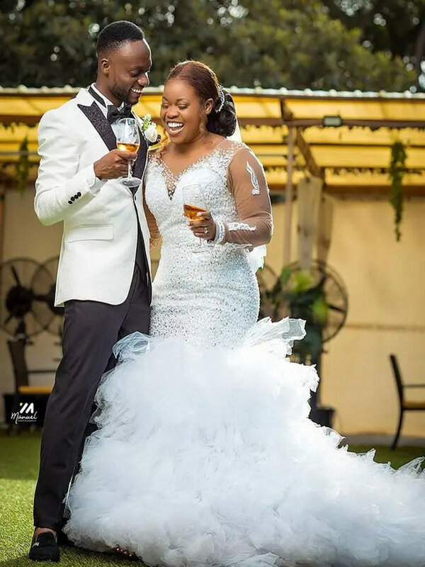 Женское свадебное платье с юбкой годе, многослойное платье из фатина с длинными рукавами и блестками