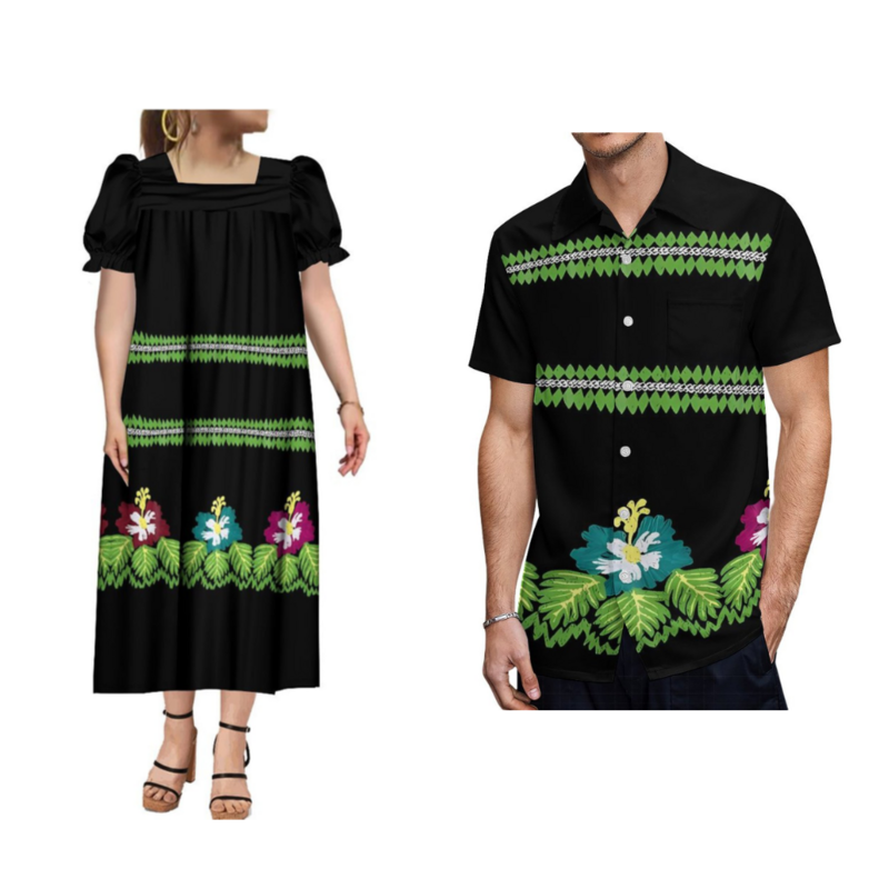 Estampado Floral polinesiano para mujer, diseño personalizado, manga corta, falda completa, Mumu, Microsia, ropa de pareja, Verano