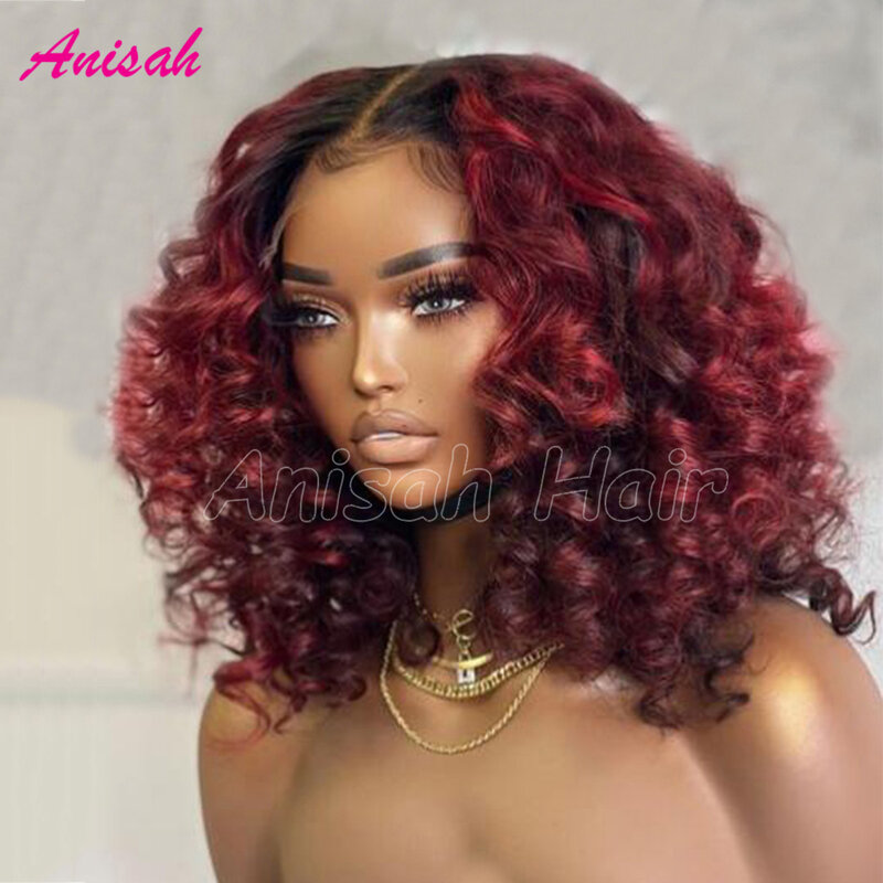 Loose Deep Wave 99J Burgundy Lace Frontal Wig Glueless Ombre Human Hair Bob Lace Front Closure Bob Wigs For Women