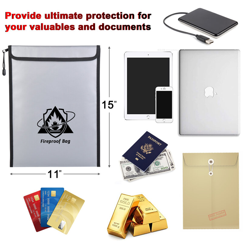 Огнеупорная сумка для хранения документов, водонепроницаемая огнестойкая безопасная сумка-конверт для наличных, ювелирных украшений, паспортов, ценностей, 15x1 дюйм