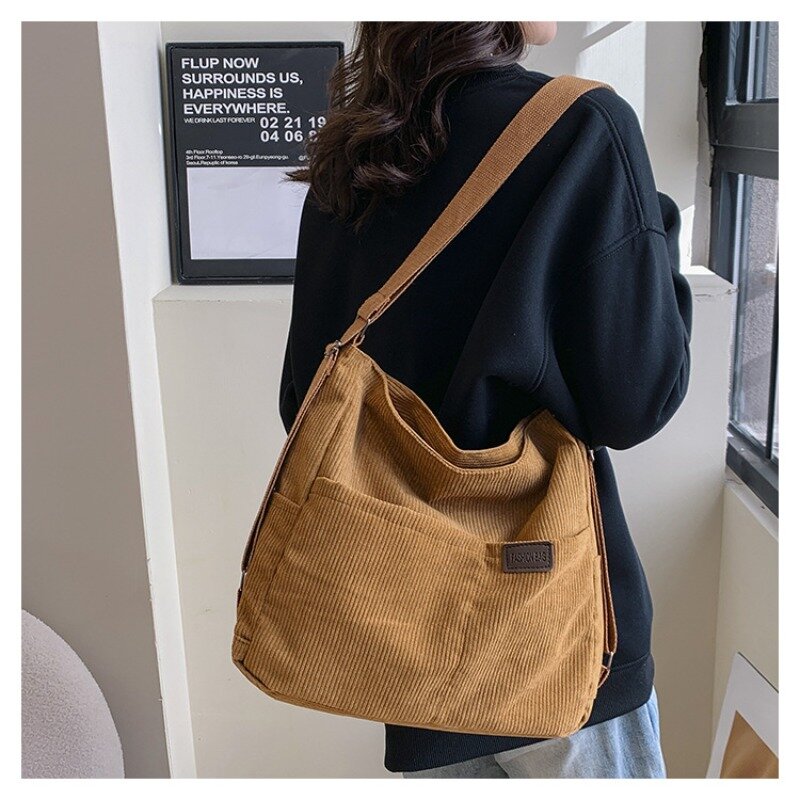 Women's Shoulder Bag Corduroy Multifunctional Retro Popular Design Solid Color Pocket Tote Crossbody Bag Large Capacity Handbag
