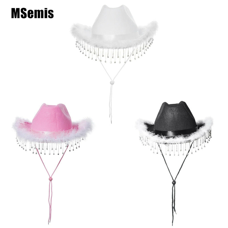 Western Cowboy Hat New Rhinestone Tassel Decorated Wide Brim Cloth Cowgirl Cap for Bride Party Accessories Fancy Cosplay Costume