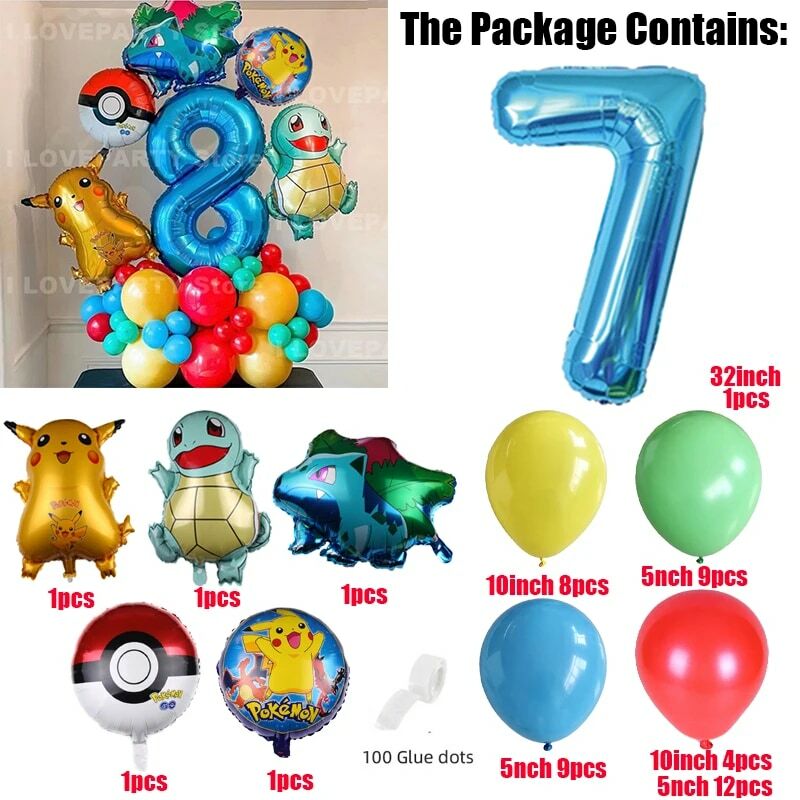 Globo de bolsillo de pokémon Pikachu, suministros de decoración de fiesta, tema de ensueño, Squirtle Bulbasaur, regalo para fiesta de cumpleaños, 49 piezas
