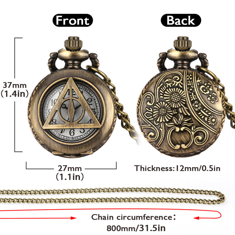 Retro mniejszy rozmiar brąz Deathly Hallow wzór z wyciętym trójkątnym etui męskie kieszonkowe zegarki z łańcuchem dla mężczyzn