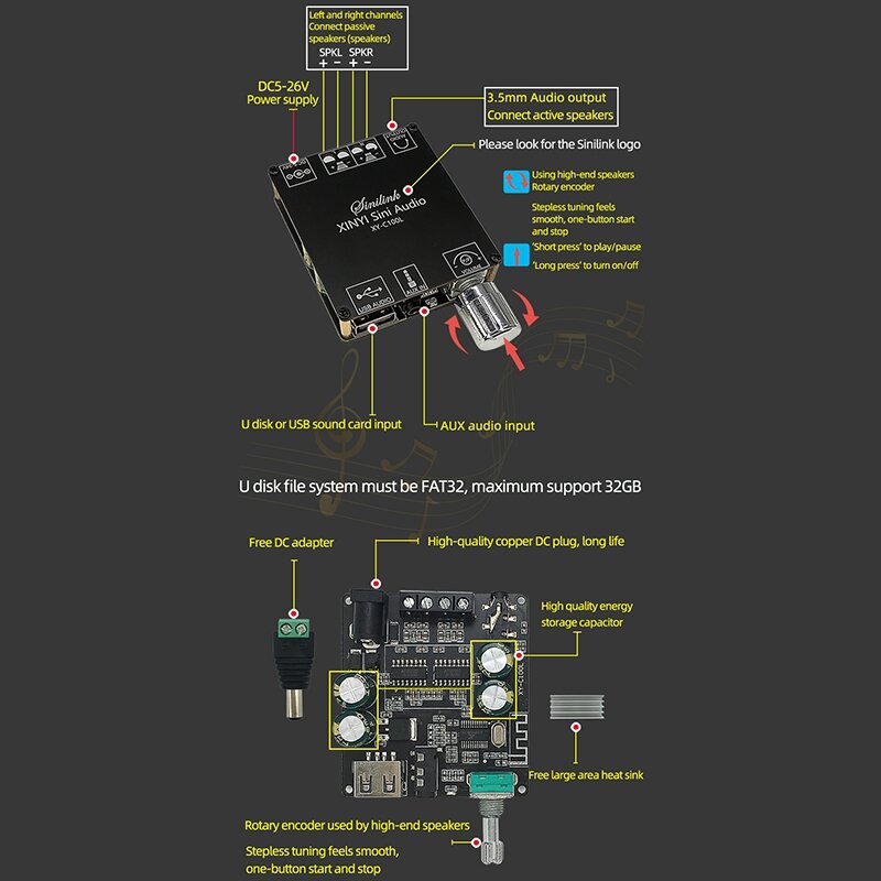 บอร์ดเครื่องขยายเสียงสเตอริโอดิจิตอล5.0บลูทูธ100WX2ไฮไฟ XY-C100L อุปกรณ์ขยายสัญญาณเสียงสเตอริโอดับสัญญาณ USB Aux สำหรับโฮมเธียเตอร์