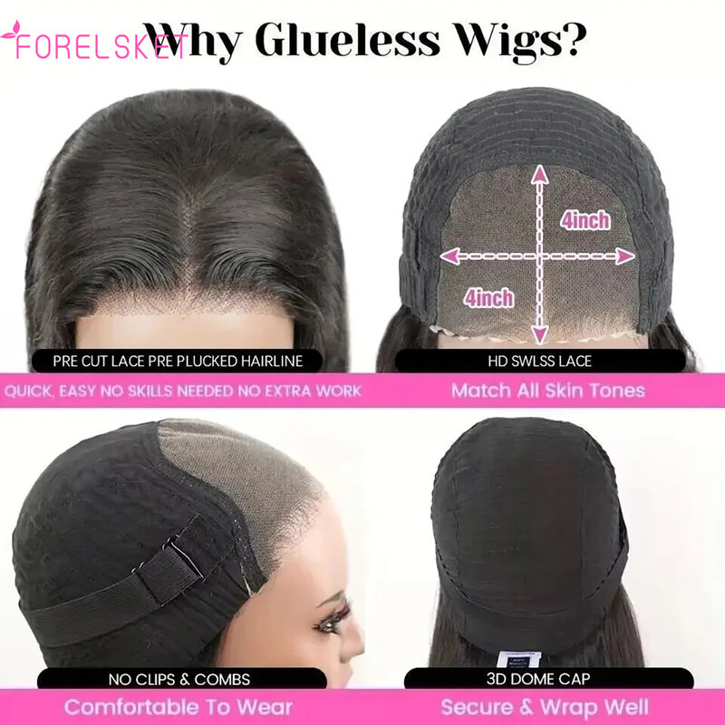 FORELSKET-Peruca pré-arrancada reta curta para mulheres, perucas pré-cortadas, sem cola, pré-arrancadas, prontas para usar