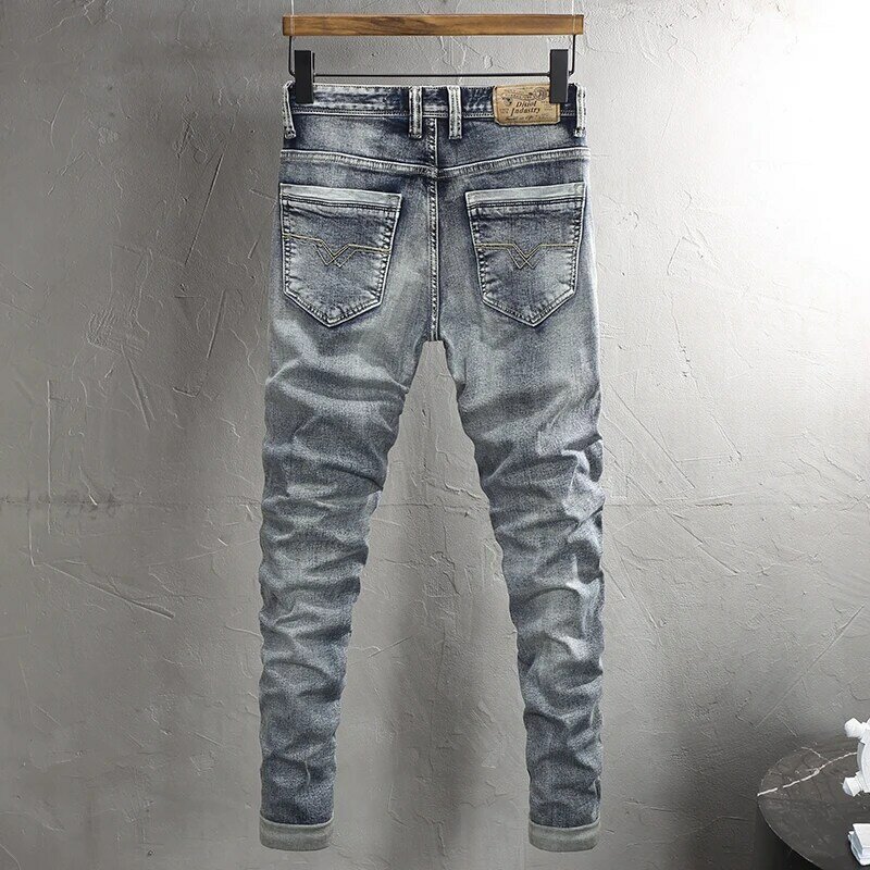 Pantalones vaqueros rasgados elásticos Retro para hombre, Jeans rasgados de alta calidad, elásticos, de diseñador informal, azul lavado, moda Vintage