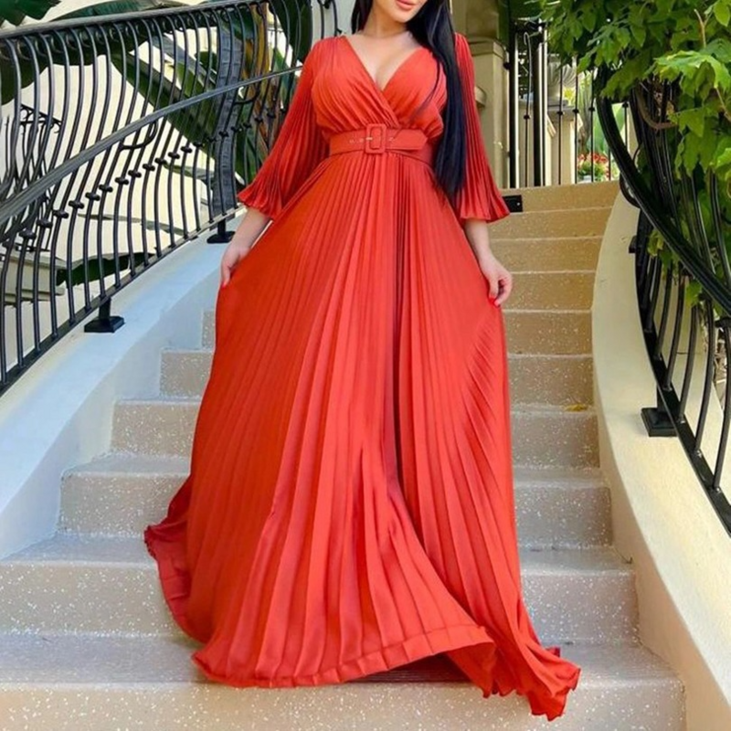 Pleated Wraped V-neck Flare Sleeve Big Swing Floor Length Maxi Long Dresses for Women Autumn Winter Party Prom Dress