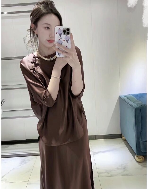 High-end fashion suit, 100% acetate silk, elegant Chinese style shirt➕skirt two-piece set