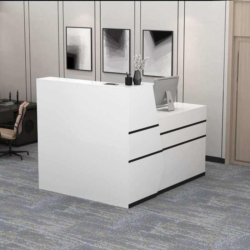 Meja meja resepsi Modern untuk ritel & Checkout, meja konter depan, berbentuk L, pita hitam, untuk lobi butik kantor