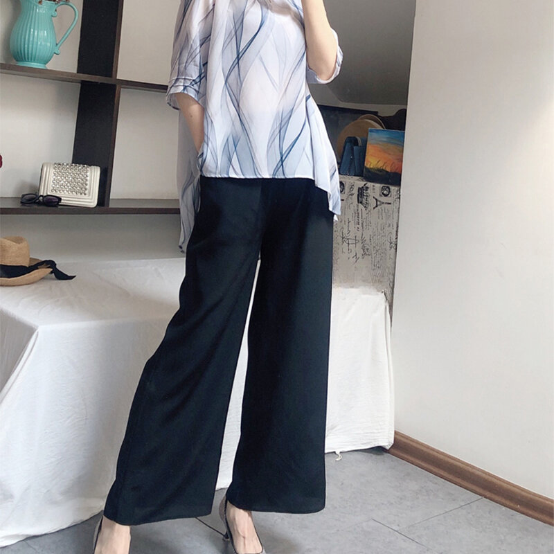 Pantalones largos de pierna ancha para mujer, pantalón fino de seda pura 100%, color beige, negro y azul marino, MM002