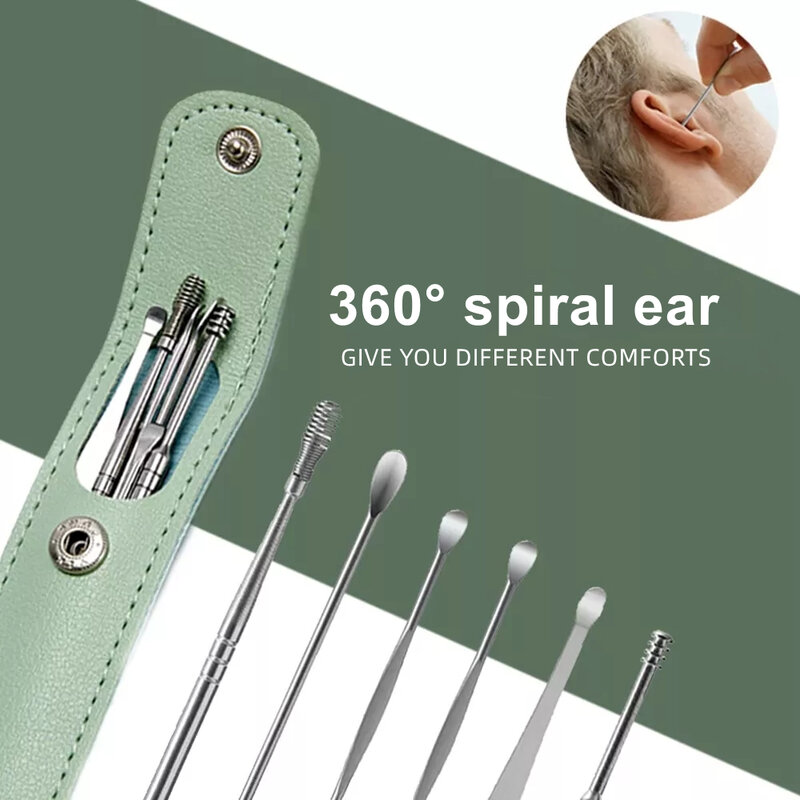 Aço inoxidável Ear Cleaner e Wax Catkers Set, Earpick, Removedor de Cera, Kit Piercing, Cureta Colher, Ear Clean Care Tools, 6Pcs por Conjunto