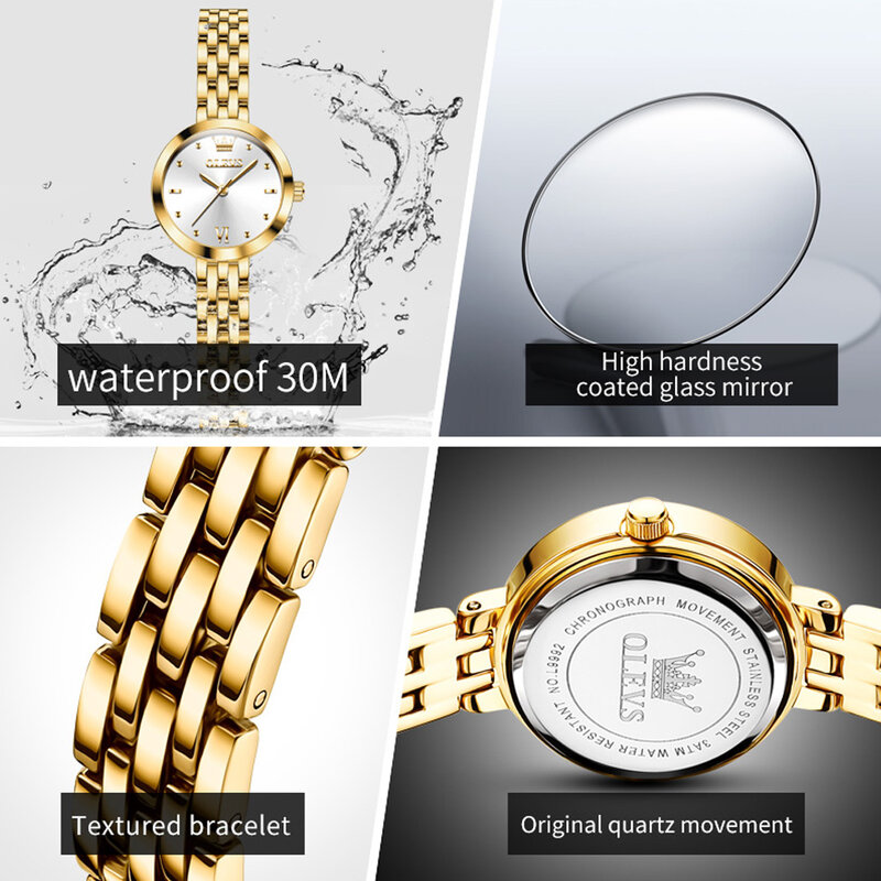 OLEVS-Relógio De Quartzo De Ouro De Luxo Feminino, Aço Inoxidável, Impermeável, Marca Top, Relógios De Moda