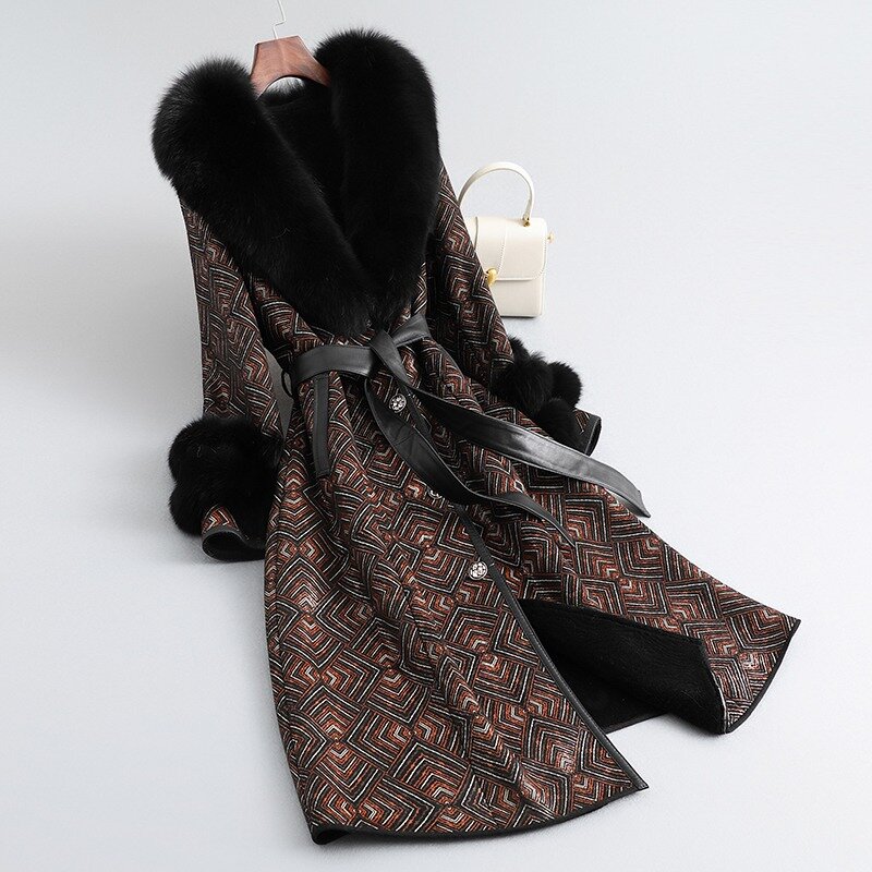 Jaket kulit Wool wanita JT452, jaket ramping bulu wol cetak kerah rambut rubah baru wanita mantel ramping domba musim dingin 2023