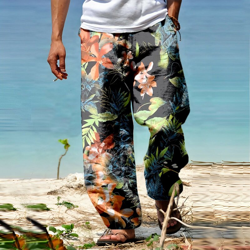 Calças de praia de perna larga masculina, confortável e casual, feriado diário, stre all print, estampado tether, verão