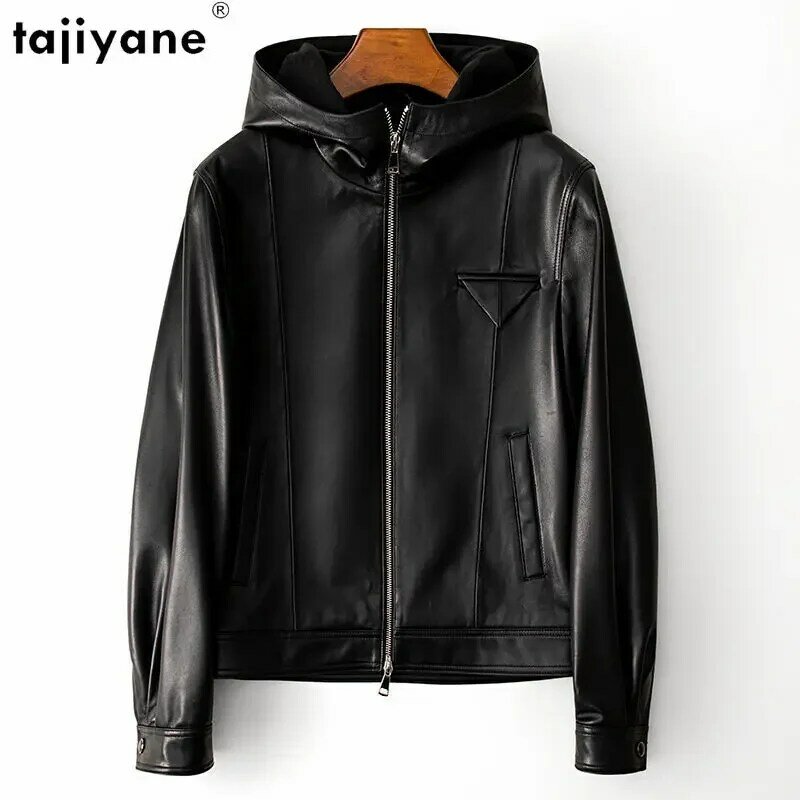 Tajiyane-女性のための本革のジャケット,女性のシープスキンジャケット,100% 本物のシープスキンコート,フード付きの黒のストリートウェア,カジュアル,2023