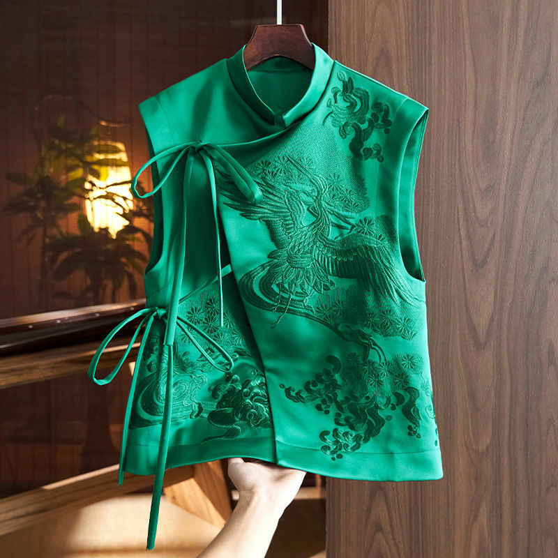 Chinese Style Top Women Tang Clothes Embroidery Phoenix Flower Qipao Lady Mandarin Collar Vest Vintage Clothing Casual Wear