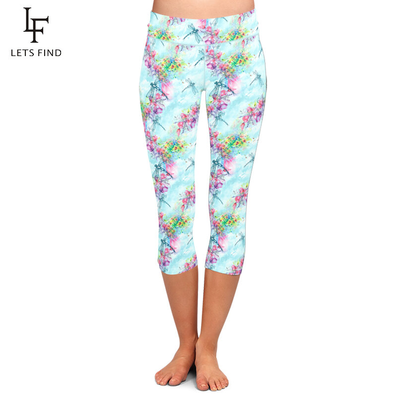 LETSFIND damskie legginsy ważki i wzór kwiatowy mleko jedwabne drukuj spodnie w połowie łydki wysokiej talii Fitness legginsy