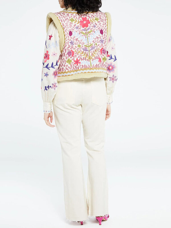 Cardigan Brodé de Fleurs pour Femme, Vêtement d'Extérieur en Fibre Ouvert sur le Devant, Style Rétro