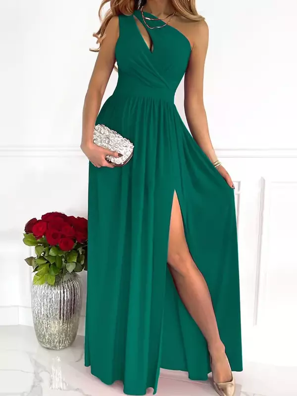 Elegancka letnia seksowna długa spódnica z kwiatowym gradientem wysokie rozcięcie na jedno ramię, wydrążona wieczorowa sukienka przyczynowa Mixi