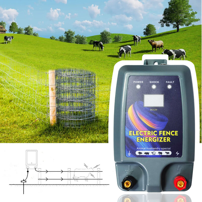 10KM Electronic Pulse Fence 12V Energizer Controller for Animals Dogs Livestock Pasture Poultry 0.3 Joules Electric Shepherd