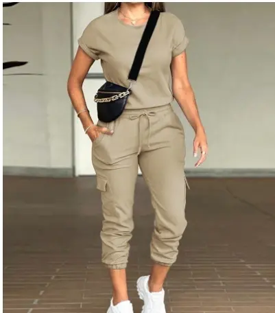 Two Piece Sets for Women Elegant Fashion Solid Round Neck Short Sleeve Top Multi Pocket Work Jogging Pants Suit 2024 Autumn New