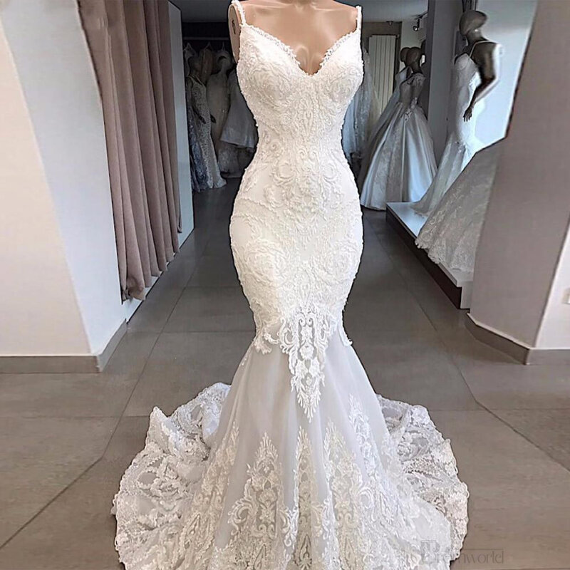 Elegante vestido de casamento branco com bordado, Spaghetti Strap, Sereia Apliques, andar de comprimento vestido, Sweep Train, Haute Couture