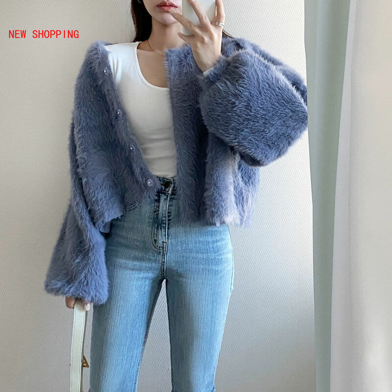 Korean Vintage Elegant Faux Mink Warm Cardigan Single Breasted Ladies Jacket Fluffy Casual Outerwear Autumn Winter Clothes Loose