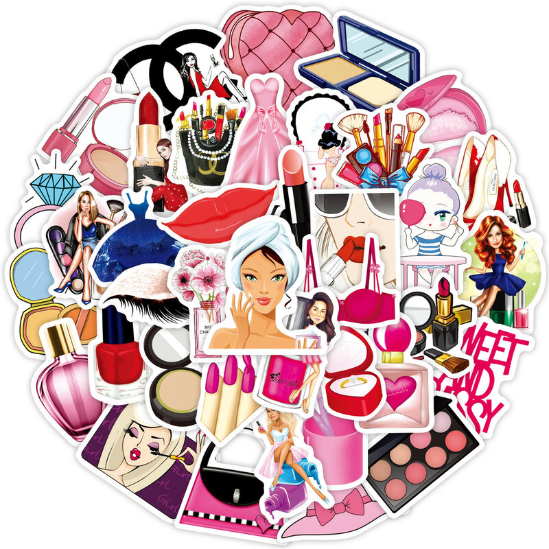 Meninas cosméticos série Graffiti adesivos, desenhos animados, adequado para laptop, capacetes, decoração desktop, DIY, atacado, 50pcs