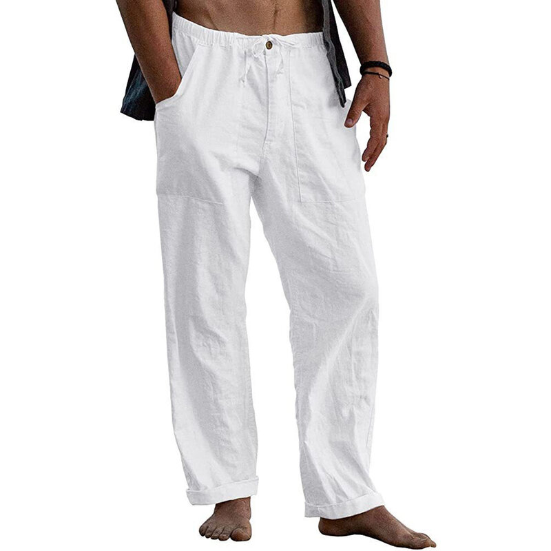 Calça solta de linho algodão masculina, calça casual elástico, com botões, confortável e respirável, verão