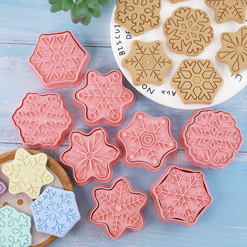8 pz/set tagliabiscotti a forma di fiocco di neve 3D stampo per biscotti in plastica timbro per biscotti stampo per torta fondente cucina cottura pasticceria Bakeware