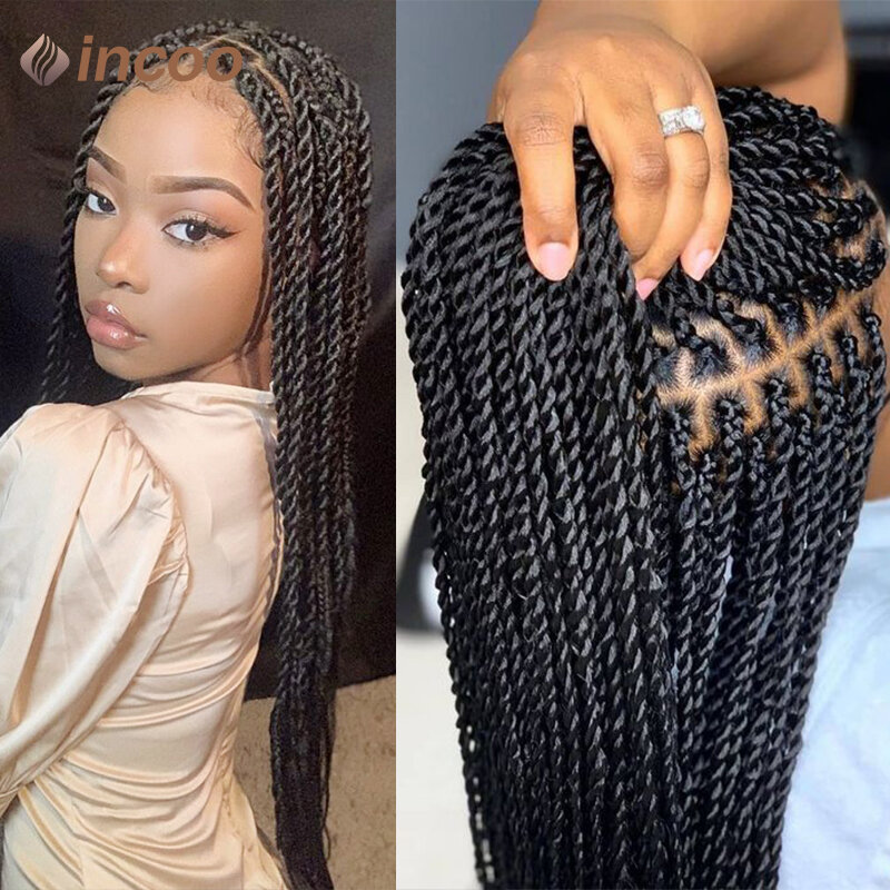 36" Full Lace Frontal Wigs Twist Braided Wigs For Black Women Burgundy Box Braided Lace Front Wig Knotless Braids Synthetic Wigs