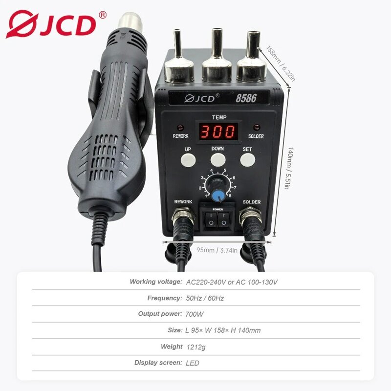 ESD besi Solder JCD 8586, alat penyolderan pengelasan 2 In 1 Digital ESD peniup udara panas