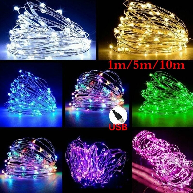 Guirnalda de luces LED de alambre de cobre, iluminación exterior impermeable, USB, para boda, Festival, fiesta de Navidad, 1M, 5M, 10M