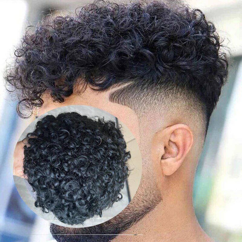 Q6 Men Toupee Swiss Lace With PU Back 15MM Curly Breathable Replacement Capillary Prosthesis System Hairpiece Natural Hairline