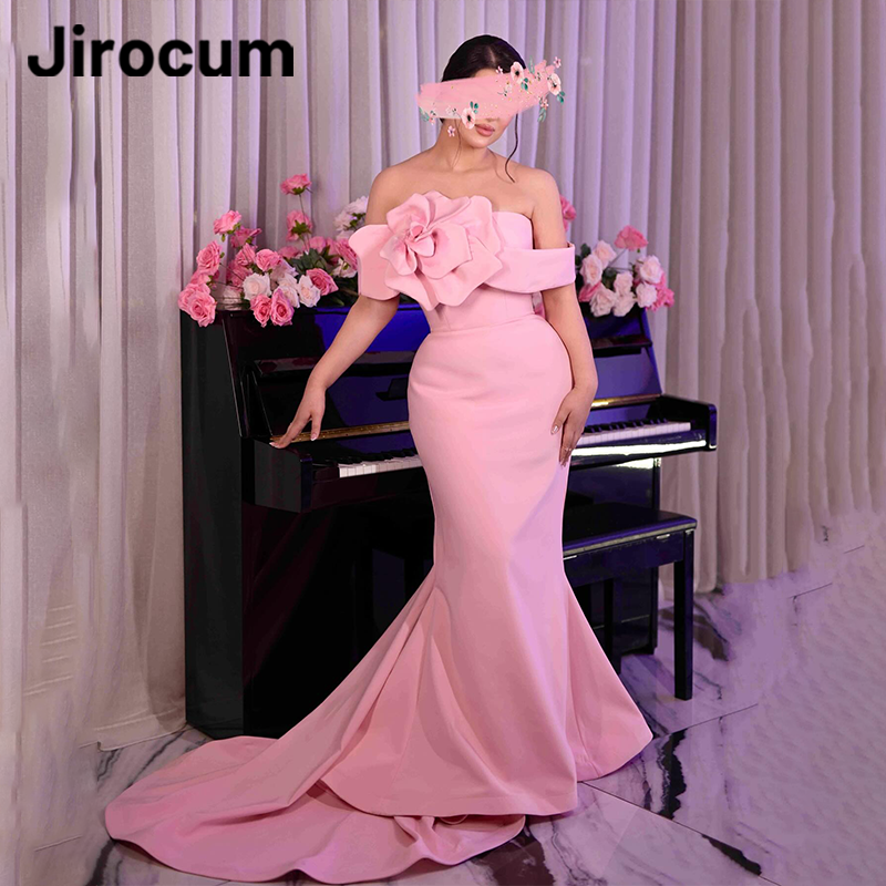 Jirocum Elegant Mermaid Prom Dress Pink Floral Off Shoulder Party Evening Gown Floor Length Custom Saudi Formal Occasion Gowns