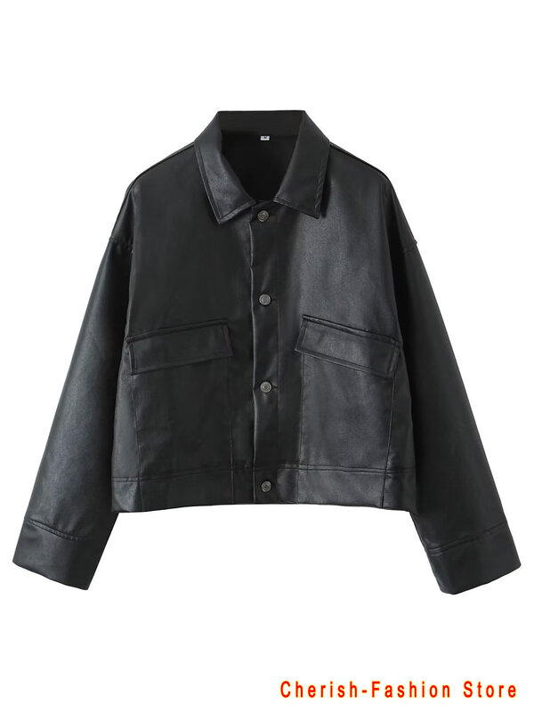 Jaqueta de couro feminina curta solta casual, preta, manga comprida, botão, lapela aberta, bolso, nova