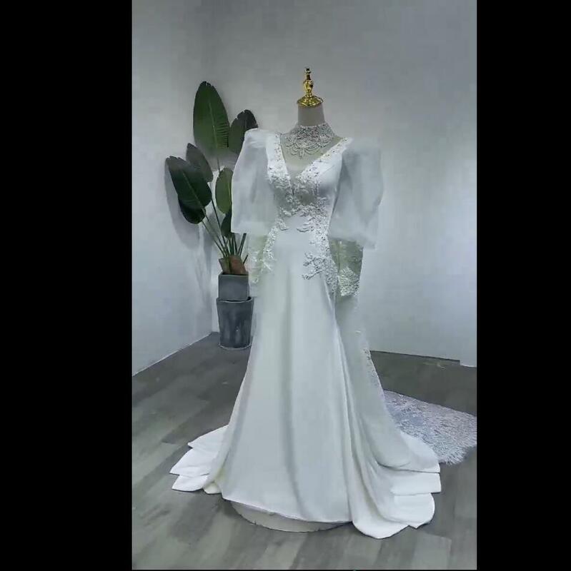 Vestido de novia de sirena de lujo, collar de perlas, cuello abombado, manga larga, vestidos de novia hechos a medida