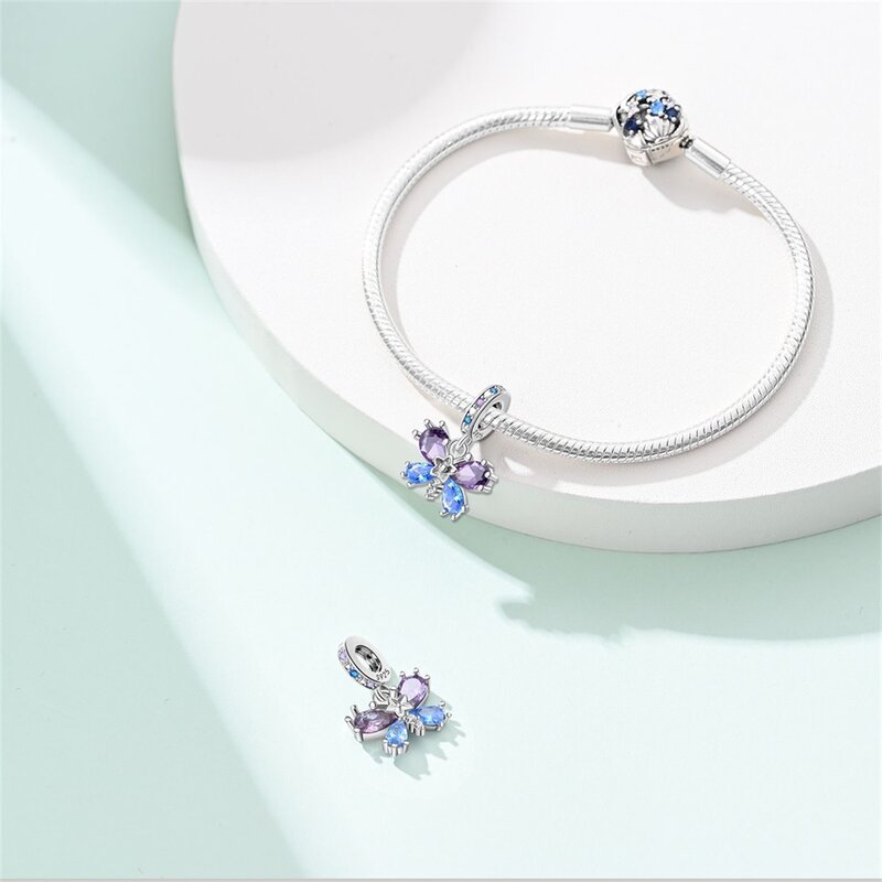 Klasik 925 perak murni biru ungu bunga fantasi kupu-kupu jimat cocok gelang Pandora Aksesori Perhiasan pernikahan wanita