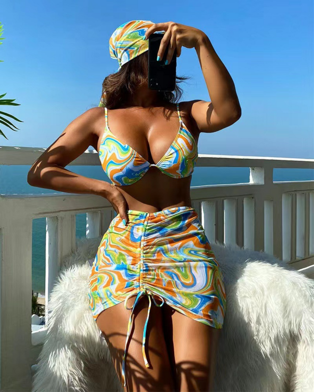 2024 neue 4 Stück Set Badeanzug Frauen Tanga Bade bekleidung sexy Push-up Bikini Set mit Rock Cover Up & Kopftuch Beach wear Badeanzug