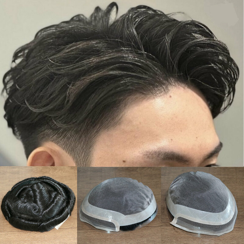 Men's Toupee Human Hair  Durable Mono Lace Base PU Around System Capillary Prosthesis Natural Hairline Lace Front