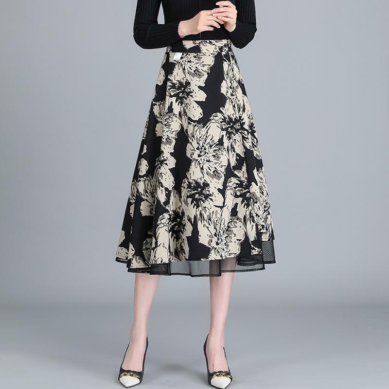 Estampa floral vintage feminino plissada elegante saia de festa, moda feminina, cintura alta, meio de panturrilha, celebridade, feminina, Q638