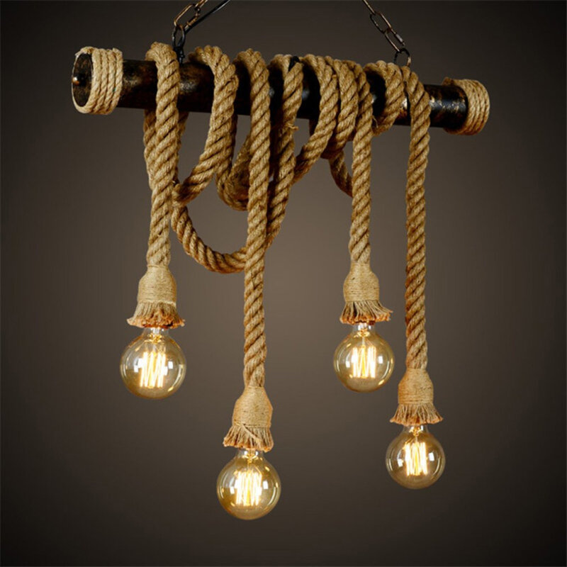 Retro Vintage Hemp Rope Pendant Light American Industrial Hanging Lamps Creative Loft Country Style Ceiling Lamps E27 Edison LED