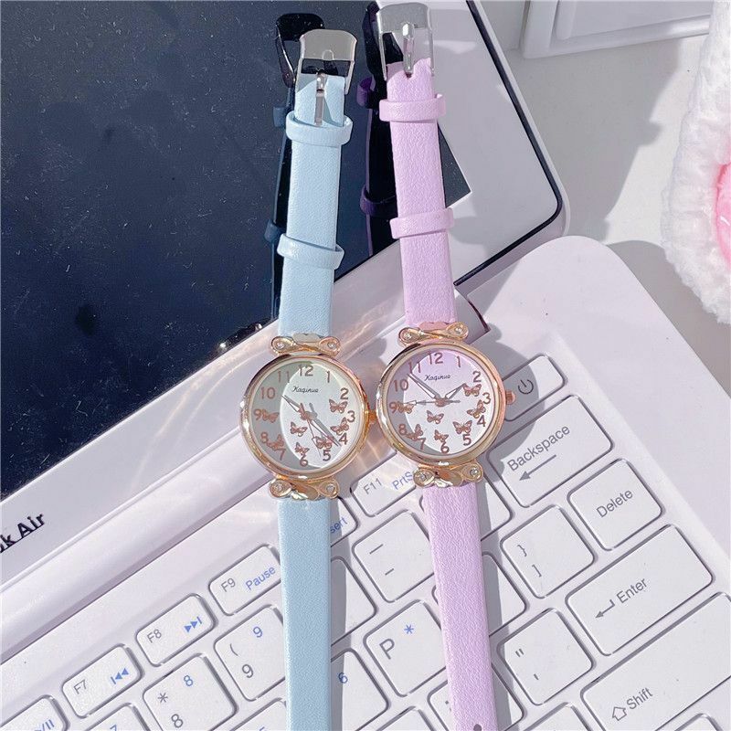 Japanese Girls' Gradient Color Watch Kawaii Butterfly Cartoon Quartz Waterproof Pointer Girls' Watch Casual Leather Clock Gift