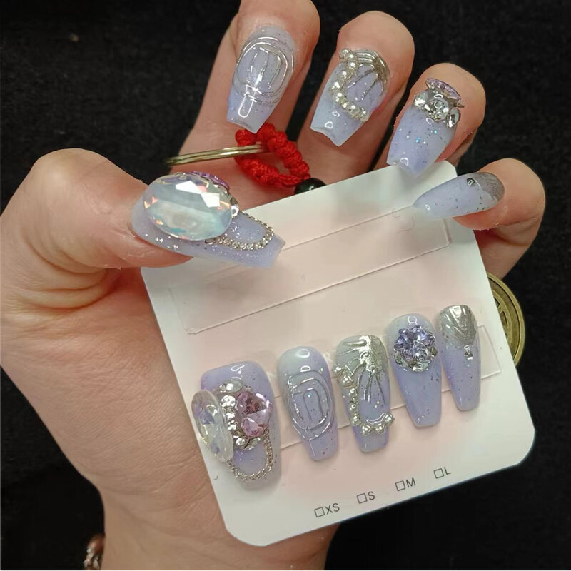 Premere sulle unghie colla Glitter viola colla metallica a forma di uovo diamante fiocco di neve diamante fatto a mano punta per unghie finte per unghie acriliche