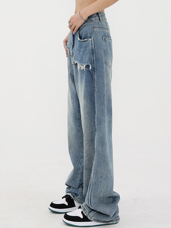 Desainer palsu dua potong Jeans antik wanita robek pinggang tinggi kaki lebar longgar kasual biru celana Denim Streetwear perempuan