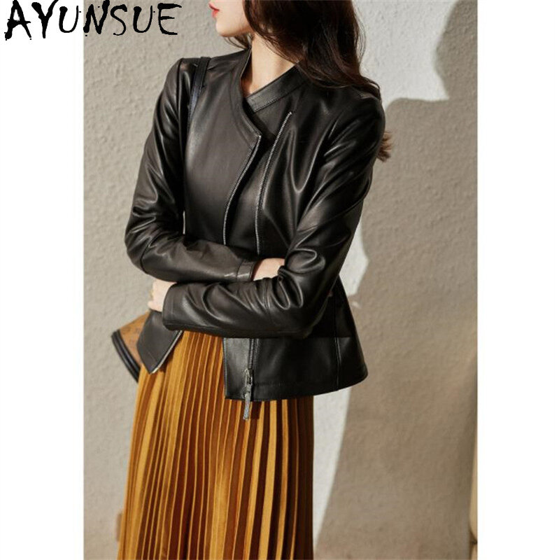 AYUNSUE 여성용 진짜 가죽 재킷, 우아한 정품 양가죽 재킷, 스탠딩 칼라 슬림 가죽 코트, 스트리트웨어, 2023