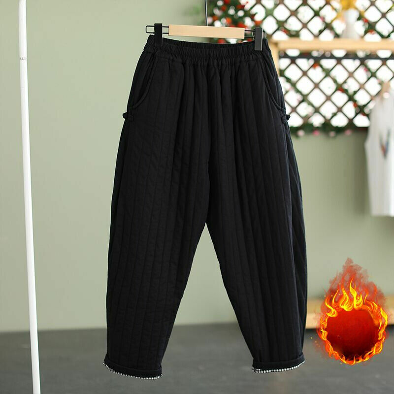 Damskie zimowe ciepłe spodnie bawełniane ciepła watowana pikowane spodnie z elastyczną talią w stylu Casual, damska szykowne zachować ciepłe spodnie