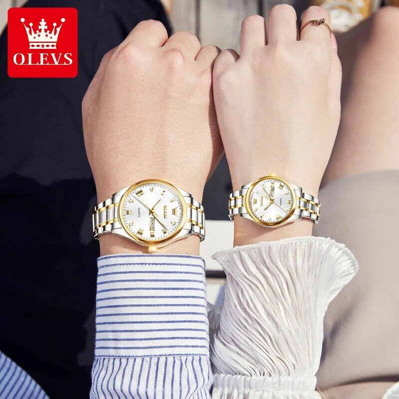 OLEVS jam tangan pasangan berlian 5563, arloji Stainless Steel Quartz tahan air untuk pria wanita kalender ganda jam tangan modis